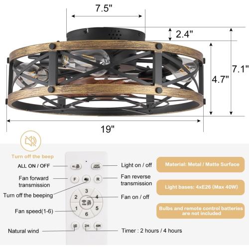 Color Brown and Black Caged Ceiling Fan with Light, Modern Fandelier Flush Mount Ceiling Fans with Lights and Remote, Farmhouse Low Profile Bladeless Ceiling Fans with Lights for Bedroom, Living Room