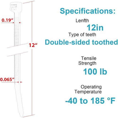 12 Inch Zip Ties Double Sided Toothed,100 LBS Tensile Strength Heavy Duty Cable Wire Ties With Self-Locking Adjustable More Durable Nylon Tie Wraps for Indoor Outdoor（100 Pack）
