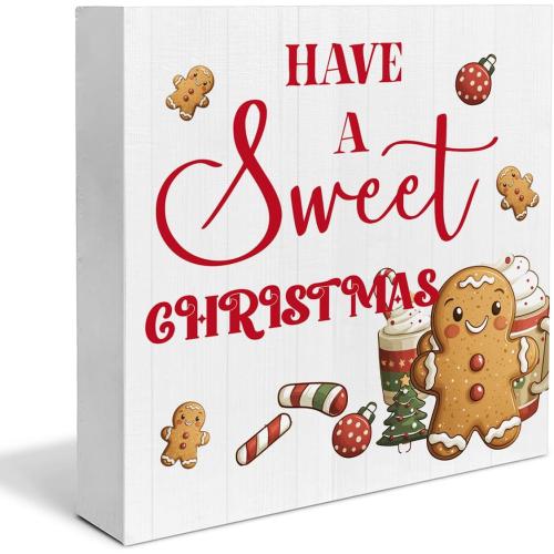Farmhouse Christmas Wooden Block Sign - Gingerbread Decor for Table or Shelf - 5 x 5 Inch