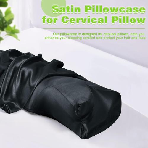 2 Pcs Satin Pillowcase for Cervical Pillow, Black Silky Cervical Pillow Case Contour Pillow Case Cover with Zipper, Smooth Ergonomic Pillowcase for Neck Pillow Cover