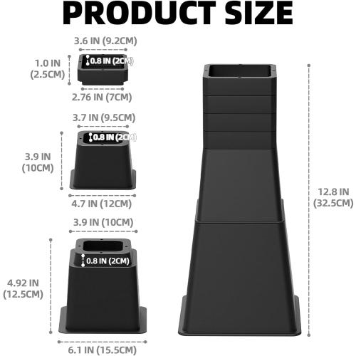 ‼️has mild stains and scratches ‼️12 inch Bed Risers Heavy Duty, Adjustable Furniture Risers for Bed, Sofa, Table, Chair, Support up to 1500 Lbs (Set of 4, Black)