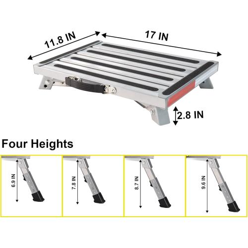 Safety RV Steps, Yagud Height Adjustable Folding Platform Step with 17 X 12 Anti-Slip Surface, Rubber Feet, Handle, Reflective Strips, and T Level, Aluminum RV Step Stool Supports Up to 1000lbs