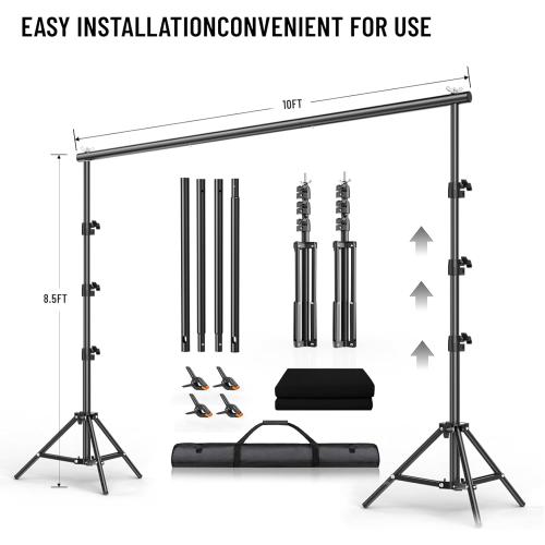 BEIYANG 8.5X10 FT Photo Background Stand with 10X12 FT Black Backdrop Screen, Adjustable Background Holder Support System Kit for Photography Video, Parties Decoration with Carry Bag & Clamps