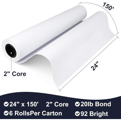 VOISEN Wide Format Paper,6 Rolls Plotter Paper 24 In x 150 Ft, CAD Bond Rolls,20lb,Bond Paper on 2 Core for CAD Printing on Wide Format Ink Jet Printers
