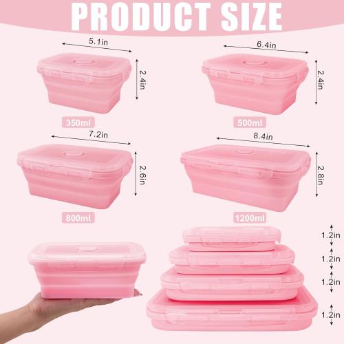 Collapsible Silicone Food Storage Containers with Lids,Set of 4 Silicone Lunch Box Containers,Foldable Meal Prep Container for Kitchen,Microwave & Dishwasher & Freezer Safe,BPA Free(Square Pink,8pcs)