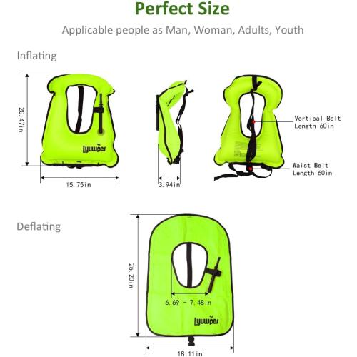 Lime Green Inflatable Snorkel Vest Adult Snorkeling Jackets Free Diving Swimming Safety Load Up to 220 Ibs