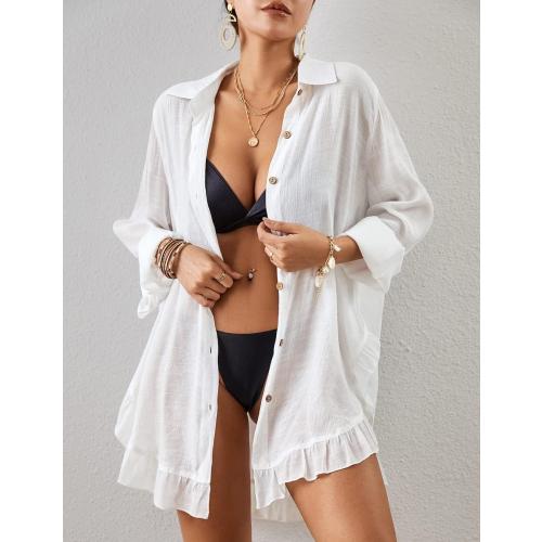 Size XL...Long Sleeve Swimsuit Coverup for Women Button Down Bathing Suit Cover Up Shirt Casual Beach Dresses white