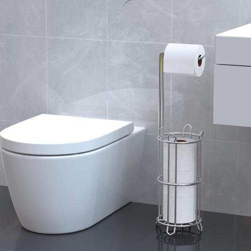Meangood Toilet Paper Holder Stand and Tissue Paper Roll Dispenser for 4 Mega Rolls, Bathroom Free Standing Tissue Roll Storage Holder Rack, Metal Wire Silver