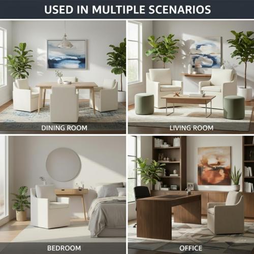 Upholstered Dining Chairs Set of 1, Modern Dining Room Chairs with Casters & Washable Cover, Rolling Accent Chair with Hidden Storage for Kitchen, Farmhouse, Living Room, White, 1 Box