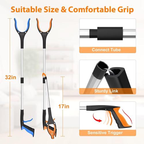 32 Grabber Reacher Tool, 2-Pack Foldable Reacher Grabber Pickup Tool with 360° Rotating Jaw & Magnet, Trash Picker Upper Grabber, Lightweight Grabbers for Seniors Heavy Duty