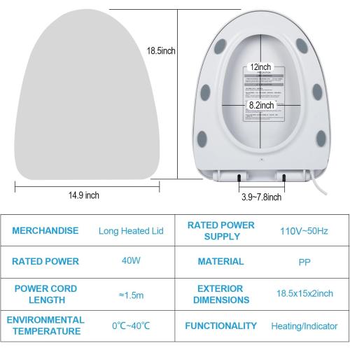 Heated Toilet Seat with Temperature Display and Built-in Side Controls, 3-Speed Heating Mode Elongated Toilet with Earth Leakage Protection, Slow Close Warming Toilet Seat with Auto Night Light