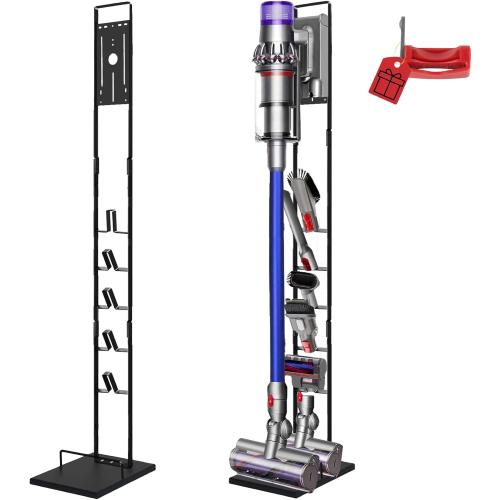 Vacuum Stand for Dyson V6, V7, V8, V10, V11, V12, V15 Cordless Cleaners - Heavy Base Metal Bracket Holder with Trigger Lock, On/Off Control Clamp, Accessory & Attachment Storage