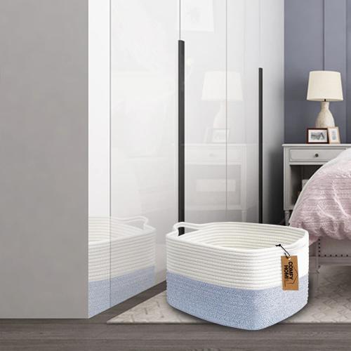 COMFY-HOMI Cotton Rope Woven Basket with Handles for shelf，Toy, Book, Cloth Storage Basket for Organizing-13.5X11X9.5 Storage Bin for Living Room, Newborn or Infant Gift for boy girl （White/blue）