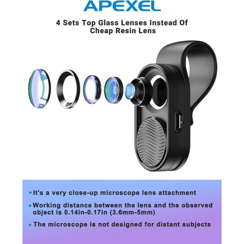 APEXEL Nano Zoom 100x Phone Micro Lens with LED Light for Smartphone - Pocket Microscope & Camera Lens Attachment