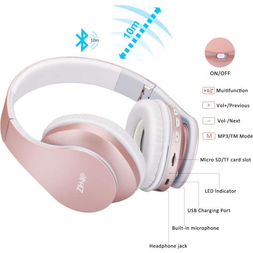 ZIHNIC Bluetooth Headphones Over-Ear, Foldable Wireless and Wired Stereo Headset Micro SD/TF, FM for Cell Phone,PC,Soft Earmuffs &Light Weight for Prolonged Wearing(Rose Gold)