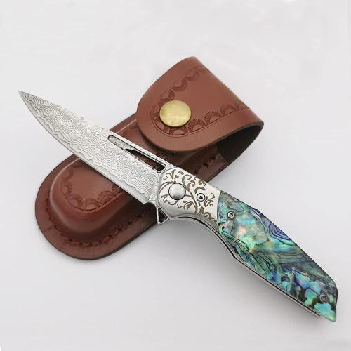 Pocket Knife Damascus Steel Blade, Abalone Shell Handle, Ball Bearing Pivot, Sheath & Pocket Clip for Everyday and Outdoor Camping EDC tool Excellent Gift