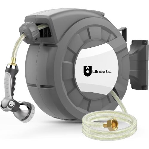 Retractable Garden Hose Reel, 1/2 in x 100 ft Wall Mounted Hose Reel, 10-Pattern Spray Nozzle, Any Length Lock/Slow Return System/Wall Mounted/180°Swivel Bracket