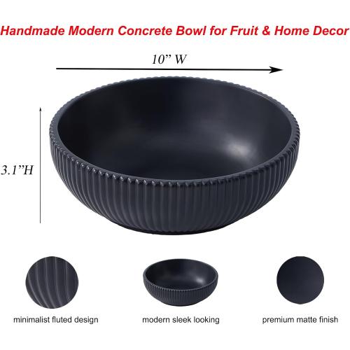 Aotea Crafts - Concrete Black Fruit Bowl for Kitchen Counter - Decorative Modern Industrial, Minimalist Fruit & Centerpiece Bowl - Sealed & Durable - Handcrafted -10 inch