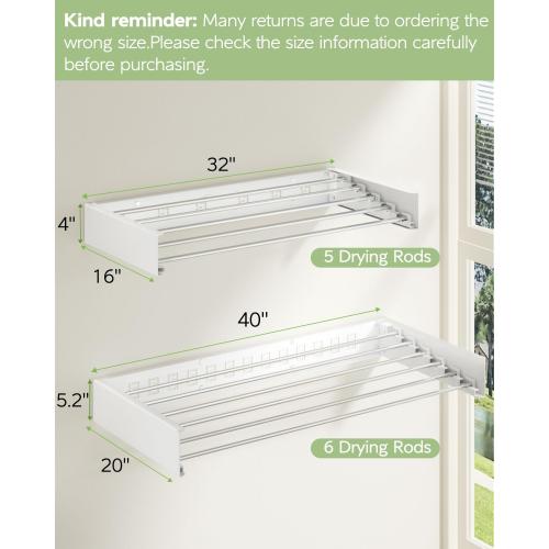 Wall Mounted Clothes Drying Rack 40 inches, Foldable Wall Mount Laundry Rack Folding Indoor, Drying Rack Clothing Collapsible, Hidden Space Saver with Wall Template, 6 Rods, White
