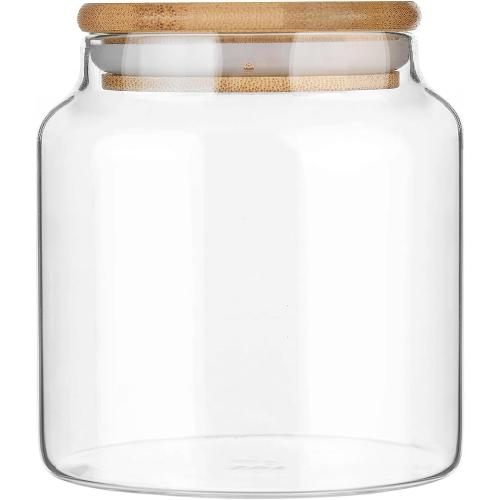 17.6 fl oz Glass Storage Containers with Lids,Candy Jar with Lid, Glass Food Storage Containers for Kitchen Counter, Pantry, Decorative Jar for Coffee, Sugar,Tea, Cute Jar (Bamboo 17.6 FL OZ)