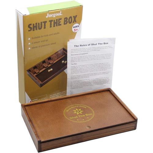 Juegoal Shut The Box Wooden Board Dice Game with 12 Numbers and Lid for Kids Adults Families, 2 Players and Up