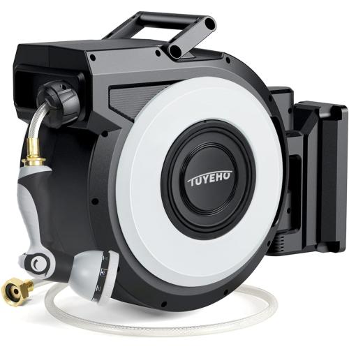 Tuyeho Retractable Garden Hose Reel 100FT, Wall Mount Heavy Duty Water Hose Reels with Automatic Slow Rewind System, Outdoor Hoses Reel with 2 Hose Nozzles for Garden Watering, Car Wash, Pet Shower