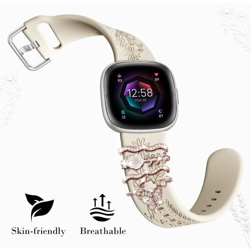 Wildflower Engraved Bands Compatible with Fitbit Sense 2, Versa 4/3, Sense Band with Charms, Soft Silicone Replacement Wristbands Strap with Cute Decorative Rings Accessories for Women