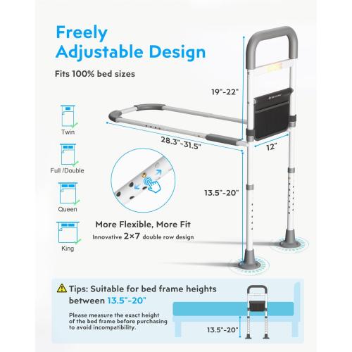 White and Grey Bed Rails Elderly Adults Safety: Side Assist Grab Bar Handrails for Seniors with Motion Sensor LED Light Pouch - Adjustable Bed Cane Portable Handle Bedside Railing - Fits Twin Full Queen King Grey