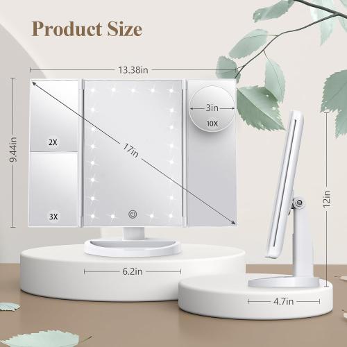 HUONUL Makeup Mirror, Vanity Mirror with Lights, 2X/3X/10X Magnification, Touch Control, Trifold, Dual Power Supply, Gifts Mothers Day for Mom,Gifts for Women, Wife, Girls,Dorm Room Essentials