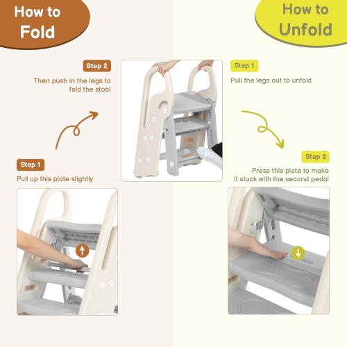 Onasti Foldable Step Stool for Bathroom Sink, Adjustable 3 Step Stool for Kids Toilet Potty Training Stool with Handles, Child Kitchen Counter Stool Helper, Plastic Ladder for Toddlers Grey