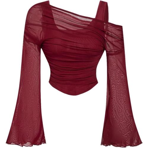 Women's Y2K Off The Shoulder Tops Long Bell Sleeve Mesh Shirt Ruched Crop Top Rave Clubwear