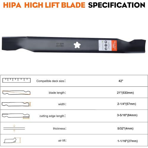 Hipa 2-Pack 138971 High Lift Mower Blades 5-Point Star Set for Craftsman LT1000 LT2000 42 inch Riding Mower, Husqvarna 42'' Deck Lawn Tractor Models Replace for 532138971 422719 42 Inch Blades