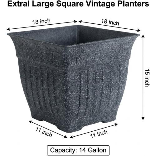 18'' Large Square Planter for Plants - 4 Pack Imitation Cement Plastic Flower Pots with Drainage Holes & 2cm Raised Base, 14 Gal Decorative Stone Like Garden Pot, Retro Plant Container