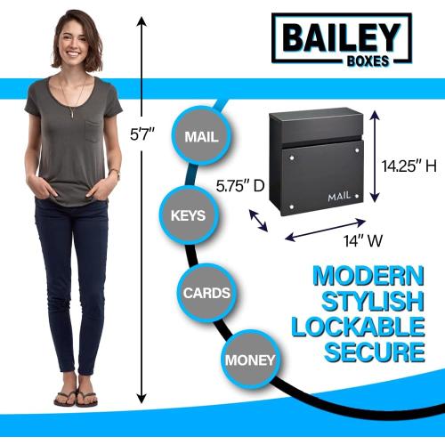 Wall-Mounted Modern Locking Mailbox from Bailey Boxes: Enhance Your Home with The Dalton - 14.25 H x 14 W x 5.75 D. Elevate Your Space with This Stylish Addition.