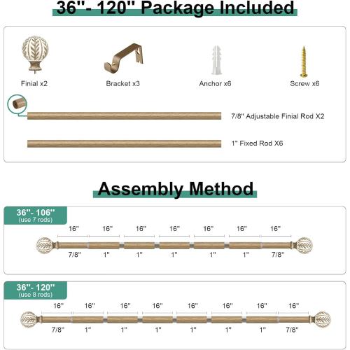 QDWIS Boho Wood Curtain Rods for Windows 66 to 120 inch,1 Adjustable Heavy Duty Window Curtain Rod with Imitation Wood Grain Finials,Rustic Decorative Drapery Rods Set,Size:36-120'',Weathered Wood