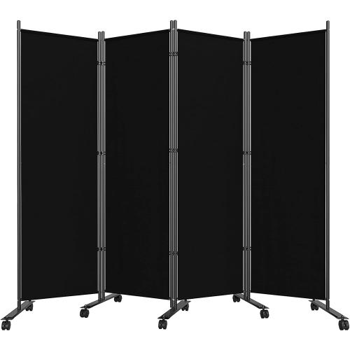 Room Divider 6FT Folding Privacy Screens with Lockable Wheels, 4 Panel Room Partition for Room Separator, 88 W Freestanding Portable Fabric Wall Dividers for Home Dorm Studio Office, Black
