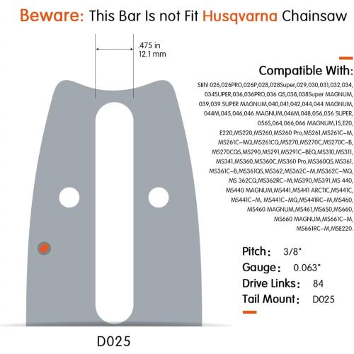 NEO-TEC 24/25inch Laminated Chainsaw Guide Bar Saw Chain Combo 3/8 Pitch 0.375 Chain Pitch 0.063 Chain Gauge 84DL for Oregon 243RNDD025 Fit for Stihl MS660 381 066 with 0.063 Gauge Chain