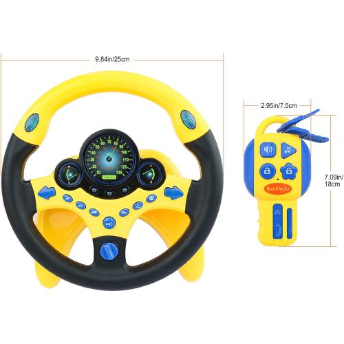 deAO Kids Steering Wheel for Backseat with Car Key Pretend Driving Simulated Driving Steering Wheel Toy with Light and Music Gifts for Kids (Yellow)