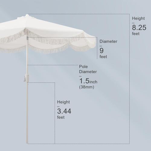 Tempera 9ft Auto Tilt Scalloped Patio Umbrella with Fringe(White) | Outdoor Table Umbrella, Fade Resistant Canopy, 8 Sturdy Ribs, Luxurious Vintage, For Lawn, Pool, Deck, Balcony