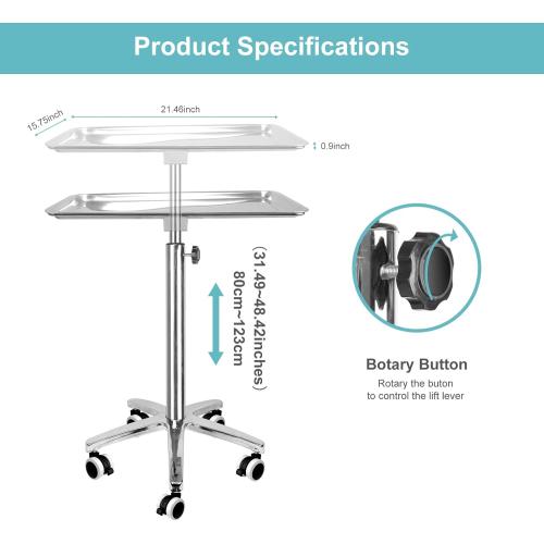 Premium Extra Large Salon Tray Medical Tray Mayo Stand with Brake Wheels