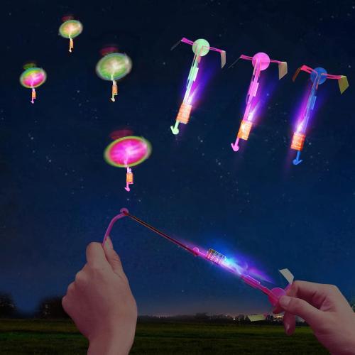 25 Sets LED Flying Set, 25 Slingshot 25 Glow Helicopter-50 Pcs, Flying Toy Outdoor Toys Glow in The Dark Party Supplies Party Favors for Kids 8-12,4-8