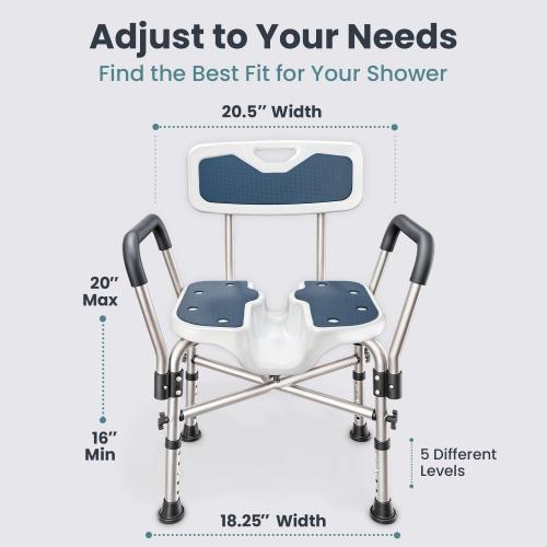 Shower Chair U-Shape Seat (450lb) Heavy Duty - Padded Armrests and Back, Shower Chairs for Elderly and Disabled, Handicap, Shower Chair for Inside Shower, Adjustable Height - Blue