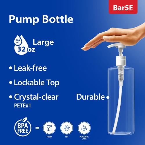 Bar5F Pump Bottle 32-Ounce 1-Liter Empty for Shampoo Conditioner Body Wash Lotion BPA-Free Crystal-Clear 2Pk