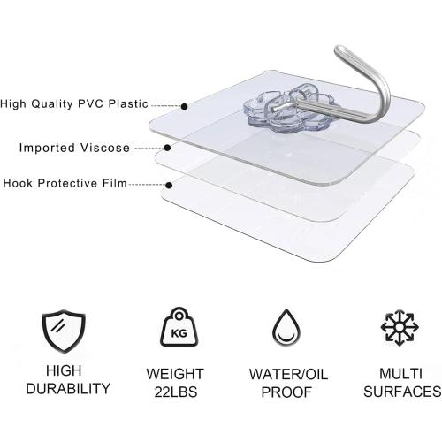 Adove Adhesive Hooks for Hanging, Heavy Duty Wall Hooks 20 Pack, Removable Sticky Ceiling Hooks, Transparent Self Adhesive Shower Hooks, Water & Oil Proof Strong 22lb(Max) Door Coat Hooks