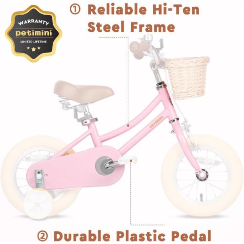 Petimini Vintage Kids Bike for Girls, 12–20 Inch Classic Bicycle with Wicker Basket & Bell, High Tensile Steel Frame, Training Wheels (12–18”), 85% Pre-Assembled, Retro Bike for Outdoor Riding