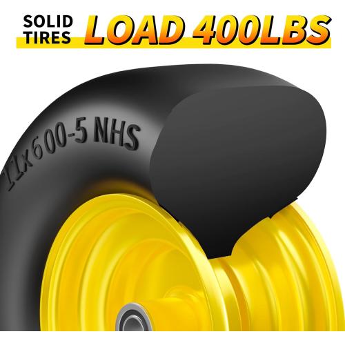11x6.00-5 Lawn Mower Tires Flat Free, Zero Turn Mower Front Tires, 11x6-5 Solid Mower Wheel for Residential and Commercial, 3/4 and 5/8 Bearing, 6- 8 Center Hub, 2Pack Yellow, 400Lbs