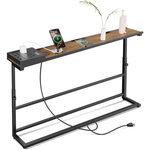 SENBOWE 39.4 Behind Couch Table with Power Outlets - Adjustable Height Narrow Sofa Table for Living Room, Skinny Console Table Behind Sofa with USB & AC Ports, Space-Saving