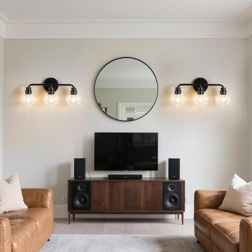 Bathroom Light Fixtures Black Vanity Light, 3 Light Modern Wall Sconces Lighting Bathroom Lights with Globe Clear Glass Shades, Bath Wall Lights Wall Lamp for Mirror Kitchen Living Room Hallway