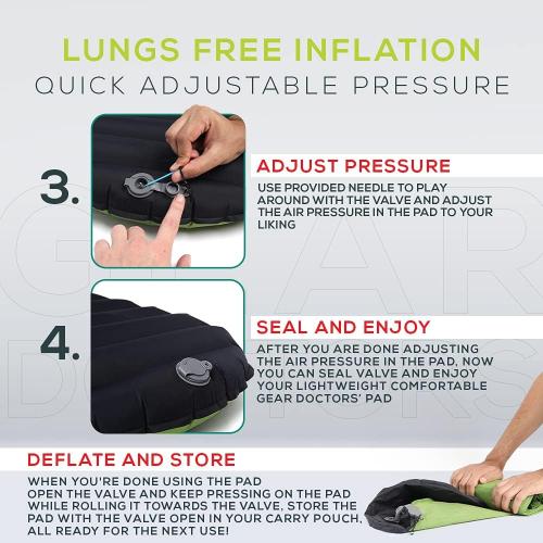 Green and Black Gear Doctors Ultralight 17oz Camping Sleeping pad ApolloAir - Compact, Warm 5.2 R-Value 4 Season Air Mattress, Perfect for Backpacking, Hiking - Lightweight Inflatable & Compact Sleep Pad