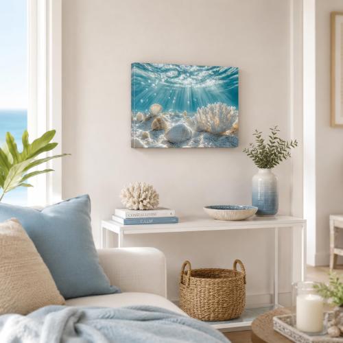 libitea Framed Coastal Canvas Wall Art - Coastal Ocean Relaxation Wall Decor Underwater Sunbeam Seashell Poster Printing Artwork for Bathroom Bedroom Living Room
